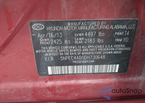 2013 Hyundai Sonata Limited 2.0T from USA, damaged, VIN 5NPEC4AB0DH730648